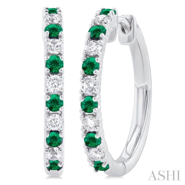 1.80 MM Round Shape Emerald and 1/4 Ctw Round Cut Diamond Precious Hoop Earrings in 10K White Gold