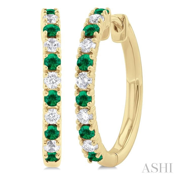 1.80 MM Round Shape Emerald and 1/4 Ctw Round Cut Diamond Precious Hoop Earrings in 10K Yellow Gold