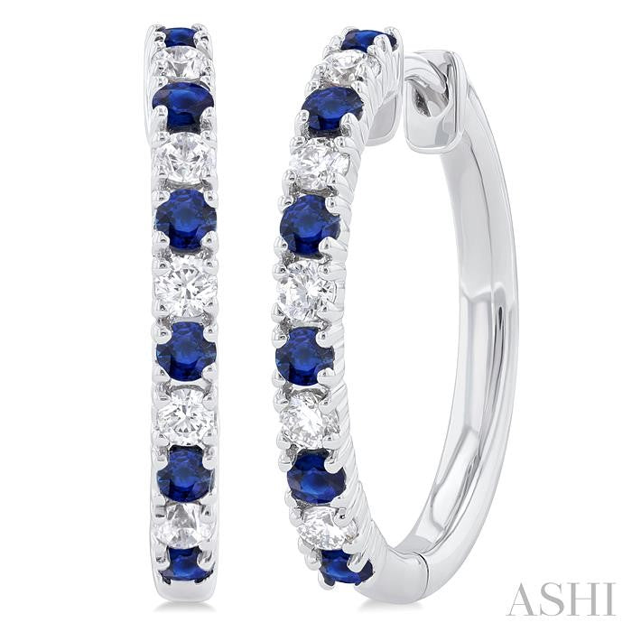 1.80 MM Round Shape Sapphire and 1/4 Ctw Round Cut Diamond Precious Hoop Earrings in 10K White Gold