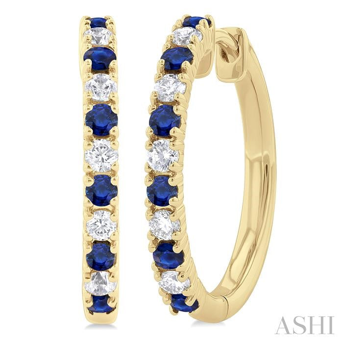 1.80 MM Round Shape Sapphire and 1/4 Ctw Round Cut Diamond Precious Hoop Earrings in 10K Yellow Gold