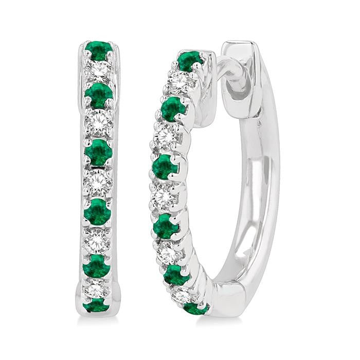 1.35 MM Round Shape Emerald and 1/10 Ctw Petite Round Cut Diamond Precious Fashion Huggies in 10K White Gold
