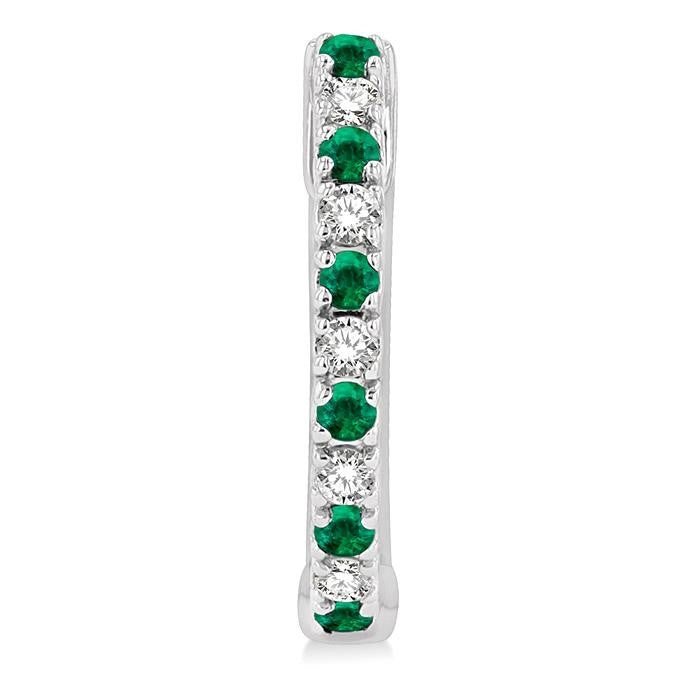 1.35 MM Round Shape Emerald and 1/10 Ctw Petite Round Cut Diamond Precious Fashion Huggies in 10K White Gold