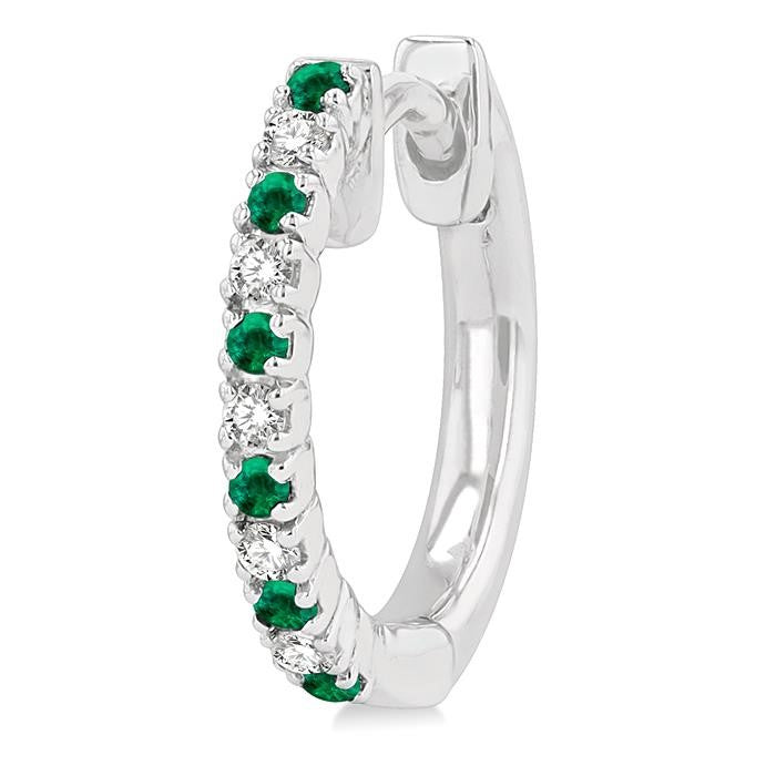 1.35 MM Round Shape Emerald and 1/10 Ctw Petite Round Cut Diamond Precious Fashion Huggies in 10K White Gold