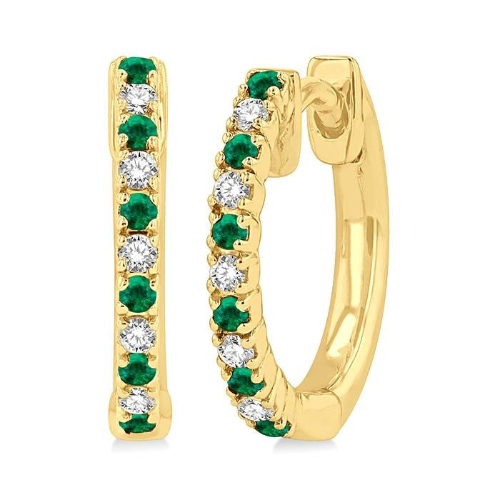 1.35 MM Round Shape Emerald and 1/10 Ctw Petite Round Cut Diamond Precious Fashion Huggies in 10K Yellow Gold