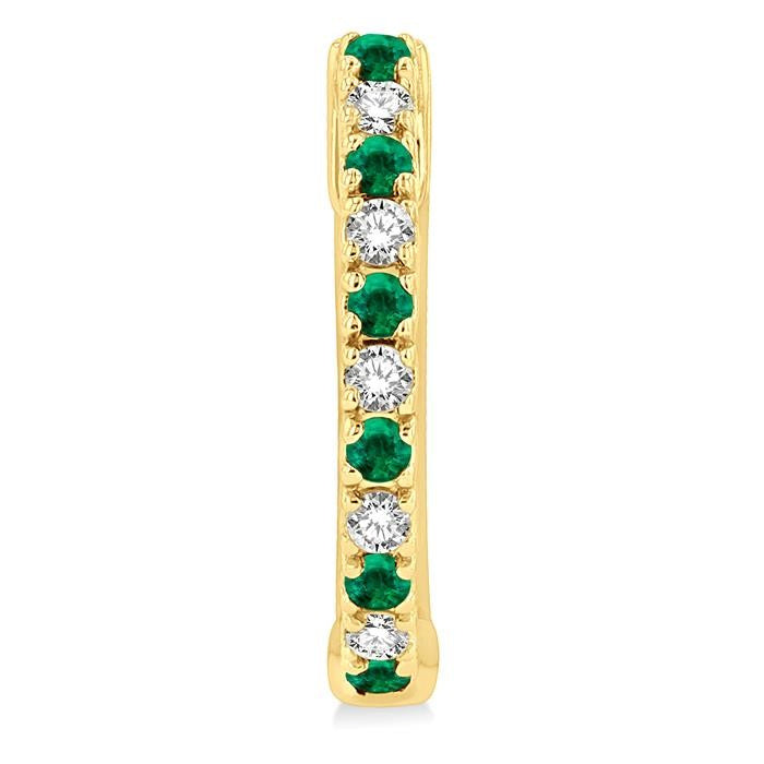 1.35 MM Round Shape Emerald and 1/10 Ctw Petite Round Cut Diamond Precious Fashion Huggies in 10K Yellow Gold