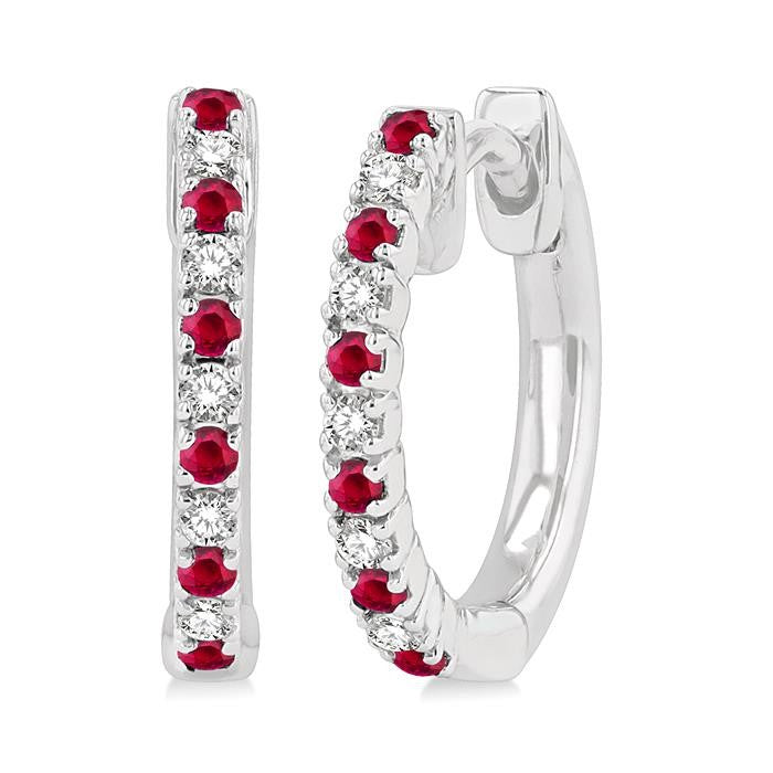 1.35 MM Round Shape Ruby and 1/10 Ctw Round Cut Diamond Petite Precious Fashion Huggies in 10K White Gold