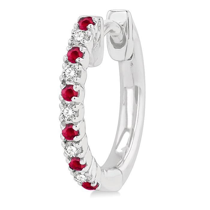 1.35 MM Round Shape Ruby and 1/10 Ctw Round Cut Diamond Petite Precious Fashion Huggies in 10K White Gold