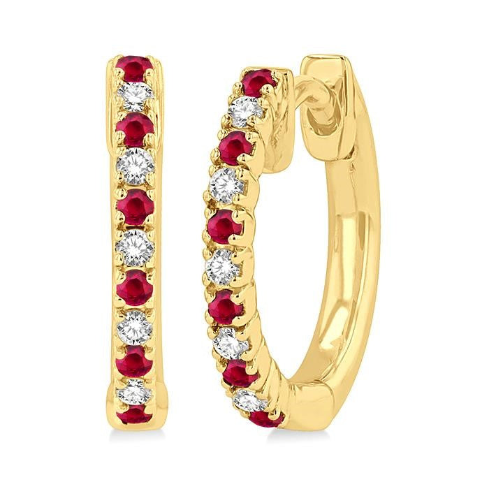 1.35 MM Round Shape Ruby and 1/10 Ctw Petite Round Cut Diamond Precious Fashion Huggies in 10K Yellow Gold