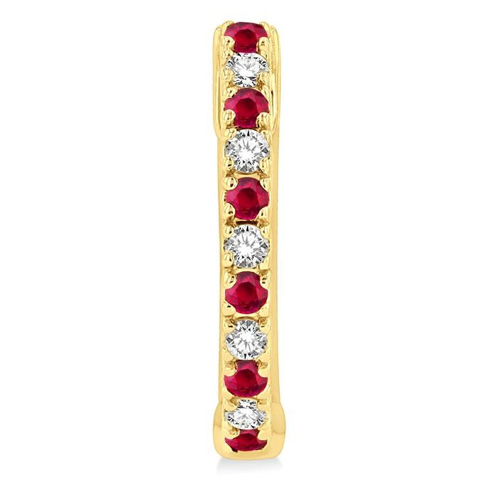 1.35 MM Round Shape Ruby and 1/10 Ctw Petite Round Cut Diamond Precious Fashion Huggies in 10K Yellow Gold