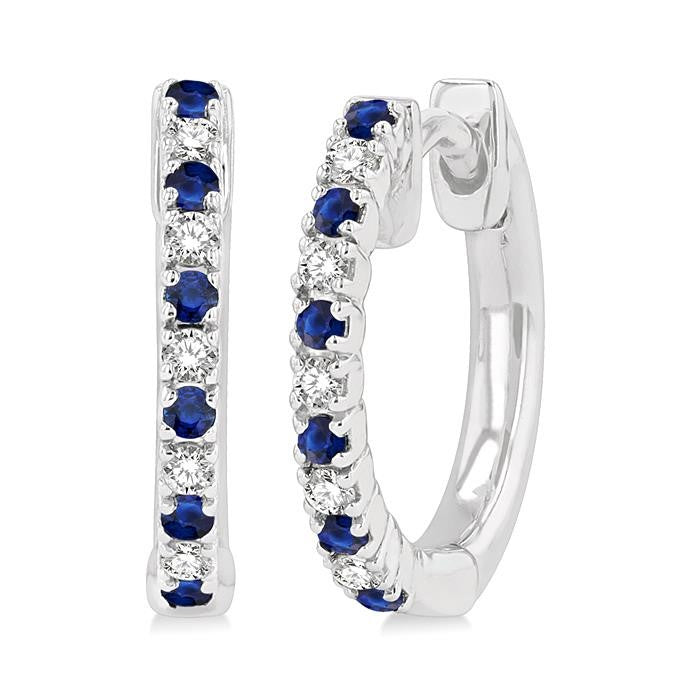 1.35 MM Round Shape Sapphire and 1/10 Ctw Petite Round Cut Diamond Precious Fashion Huggies in 10K White Gold