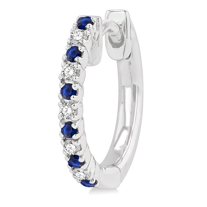 1.35 MM Round Shape Sapphire and 1/10 Ctw Petite Round Cut Diamond Precious Fashion Huggies in 10K White Gold