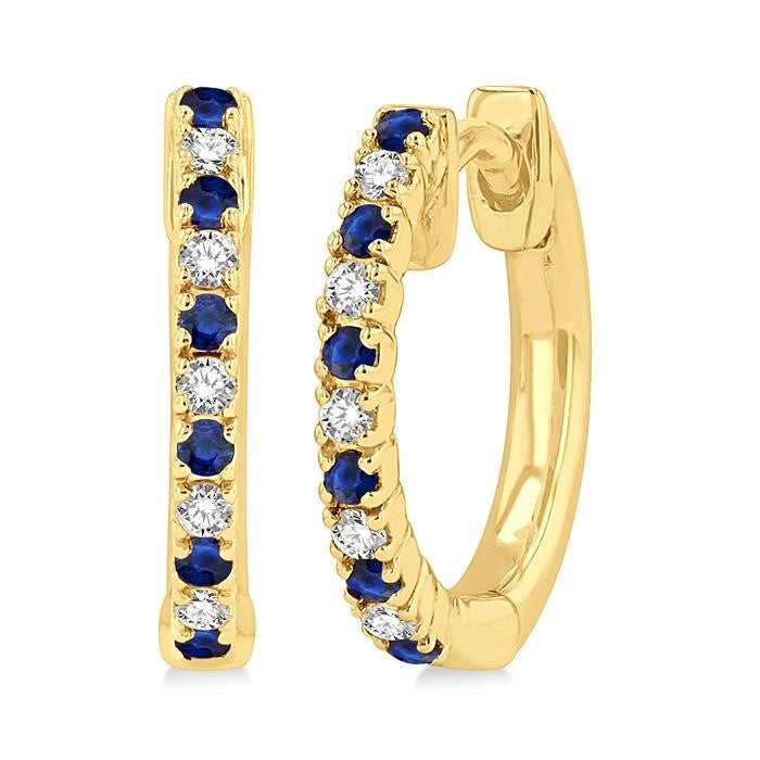1.35 MM Round Shape Sapphire and 1/10 Ctw Petite Round Cut Diamond Precious Fashion Huggies in 10K Yellow Gold