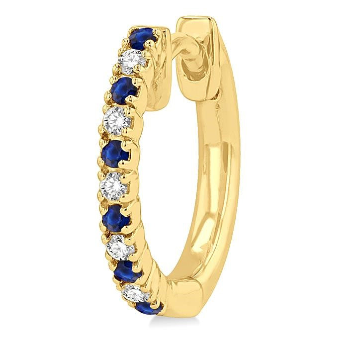 1.35 MM Round Shape Sapphire and 1/10 Ctw Petite Round Cut Diamond Precious Fashion Huggies in 10K Yellow Gold