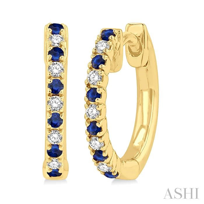 1.35 MM Round Shape Sapphire and 1/10 Ctw Petite Round Cut Diamond Precious Fashion Huggies in 10K Yellow Gold