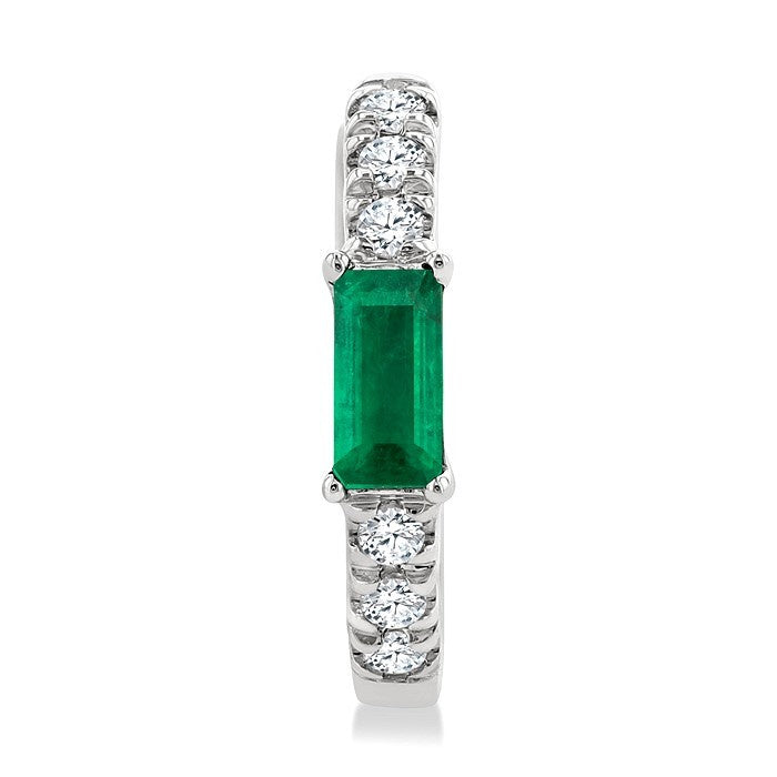 4X2 MM Baguette Cut Emerald and 1/8 Ctw Petite Round Cut Diamond Fashion Huggies in 10K White Gold