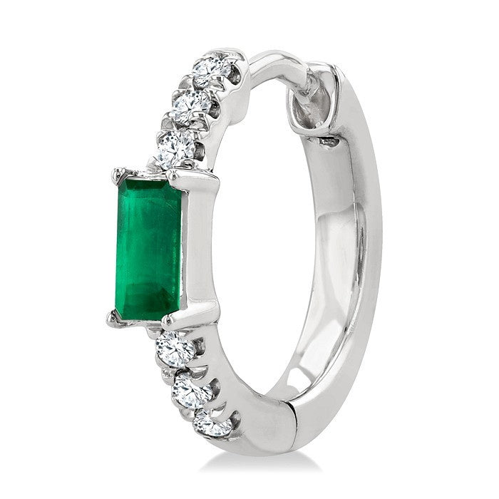4X2 MM Baguette Cut Emerald and 1/8 Ctw Petite Round Cut Diamond Fashion Huggies in 10K White Gold