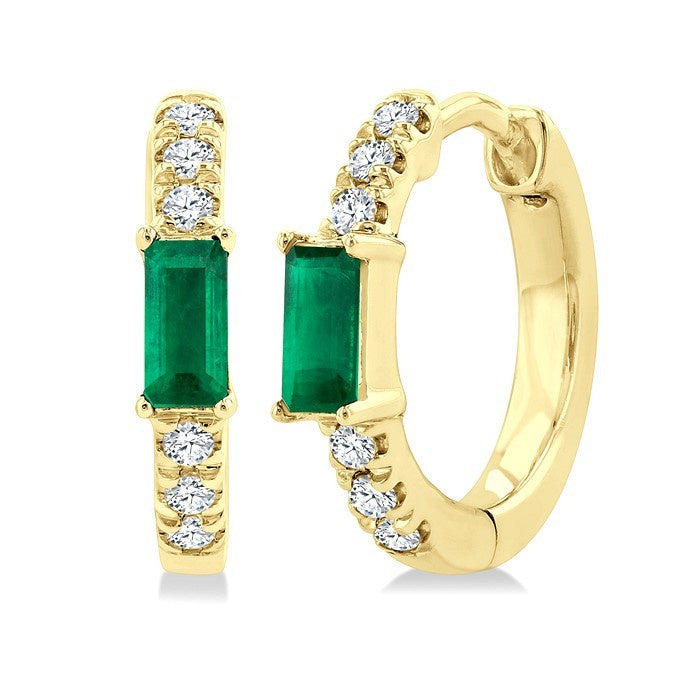 4X2 MM Baguette Cut Emerald and 1/8 Ctw Petite Round Cut Diamond Fashion Huggies in 10K Yellow Gold