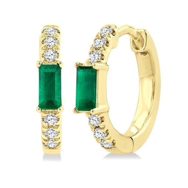 4X2 MM Baguette Cut Emerald and 1/8 Ctw Petite Round Cut Diamond Fashion Huggies in 10K Yellow Gold