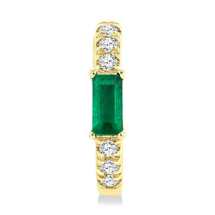 4X2 MM Baguette Cut Emerald and 1/8 Ctw Petite Round Cut Diamond Fashion Huggies in 10K Yellow Gold