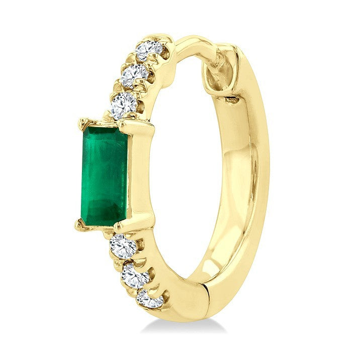 4X2 MM Baguette Cut Emerald and 1/8 Ctw Petite Round Cut Diamond Fashion Huggies in 10K Yellow Gold