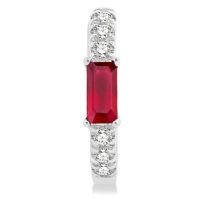 4X2 MM Baguette Cut Ruby and 1/8 Ctw Petite Round Cut Diamond Fashion Huggies in 10K White Gold