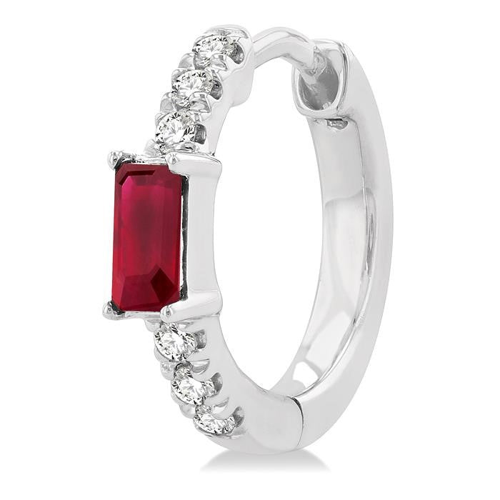 4X2 MM Baguette Cut Ruby and 1/8 Ctw Petite Round Cut Diamond Fashion Huggies in 10K White Gold