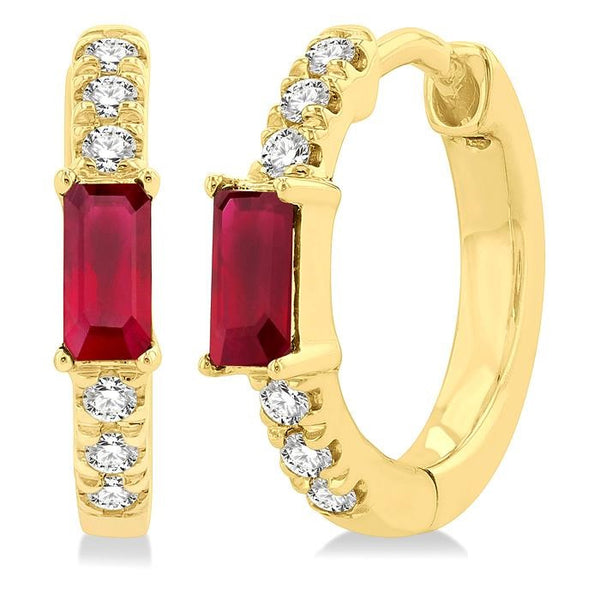 4X2 MM Baguette Cut Ruby and 1/8 Ctw Petite Round Cut Diamond Fashion Huggies in 10K Yellow Gold