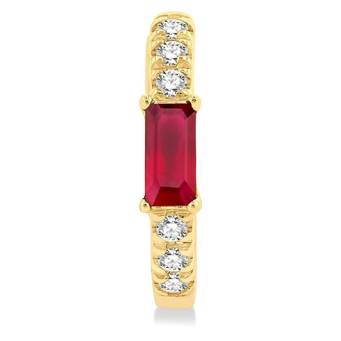 4X2 MM Baguette Cut Ruby and 1/8 Ctw Petite Round Cut Diamond Fashion Huggies in 10K Yellow Gold