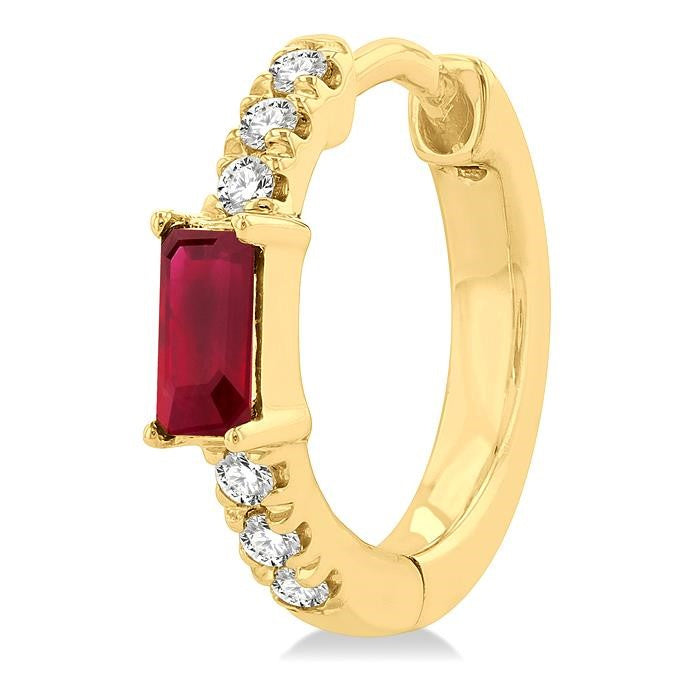 4X2 MM Baguette Cut Ruby and 1/8 Ctw Petite Round Cut Diamond Fashion Huggies in 10K Yellow Gold