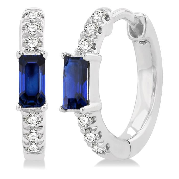 4X2 MM Baguette Cut Sapphire and 1/8 Ctw Petite Round Cut Diamond Fashion Huggies in 10K White Gold