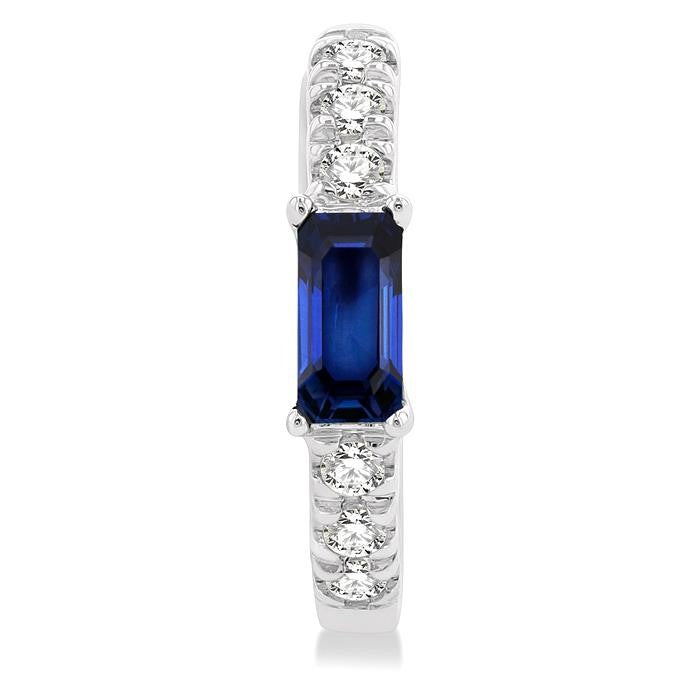 4X2 MM Baguette Cut Sapphire and 1/8 Ctw Petite Round Cut Diamond Fashion Huggies in 10K White Gold