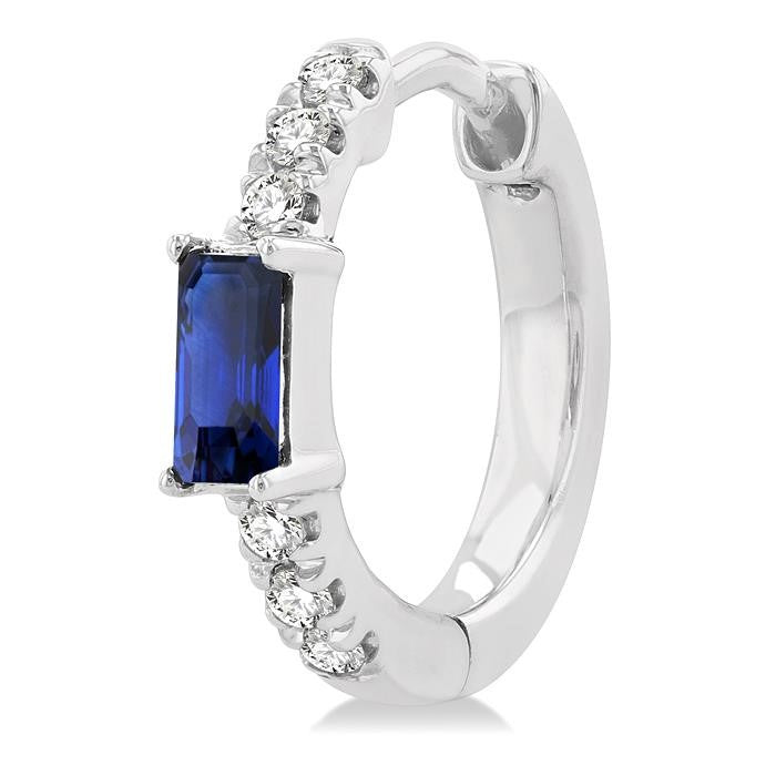 4X2 MM Baguette Cut Sapphire and 1/8 Ctw Petite Round Cut Diamond Fashion Huggies in 10K White Gold