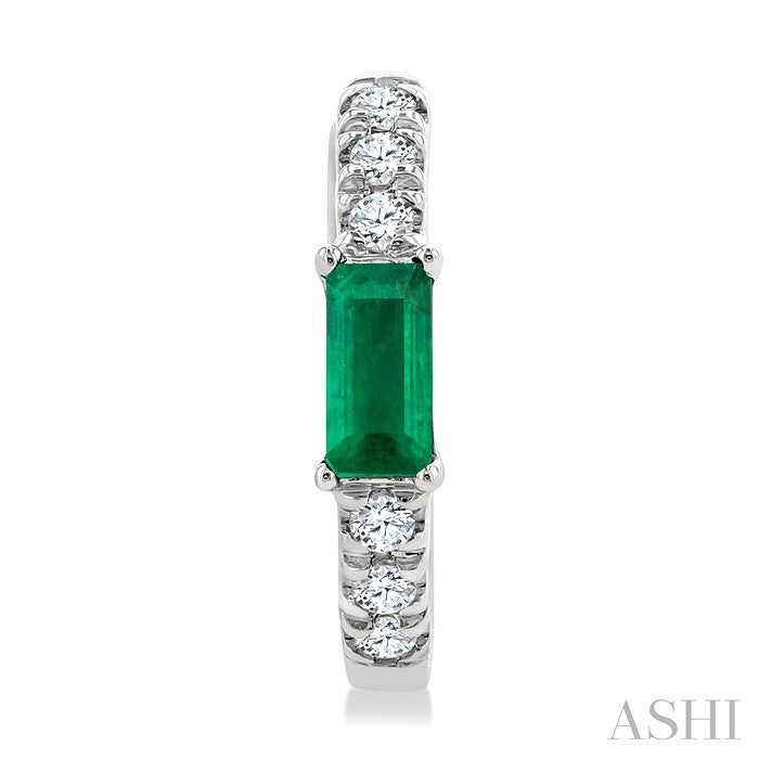 4X2 MM Baguette Cut Emerald and 1/8 Ctw Petite Round Cut Diamond Fashion Huggies in 10K White Gold