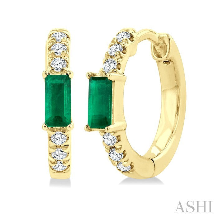 4X2 MM Baguette Cut Emerald and 1/8 Ctw Petite Round Cut Diamond Fashion Huggies in 10K Yellow Gold