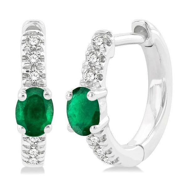 4X3 MM Oval Cut Emerald and 1/10 Ctw Petite Round Cut Diamond Fashion Huggies in 10K White Gold