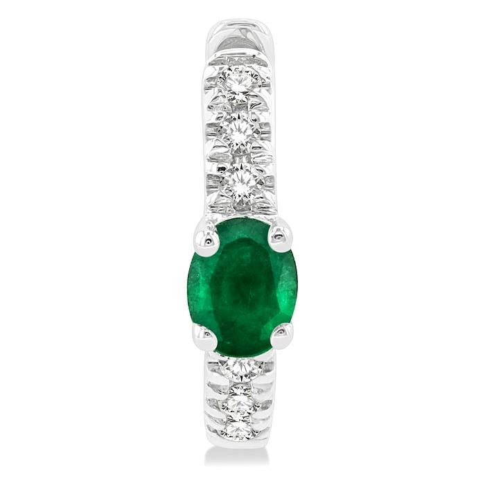 4X3 MM Oval Cut Emerald and 1/10 Ctw Petite Round Cut Diamond Fashion Huggies in 10K White Gold