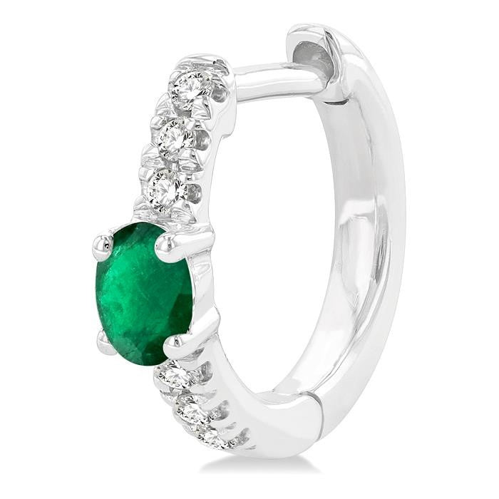4X3 MM Oval Cut Emerald and 1/10 Ctw Petite Round Cut Diamond Fashion Huggies in 10K White Gold