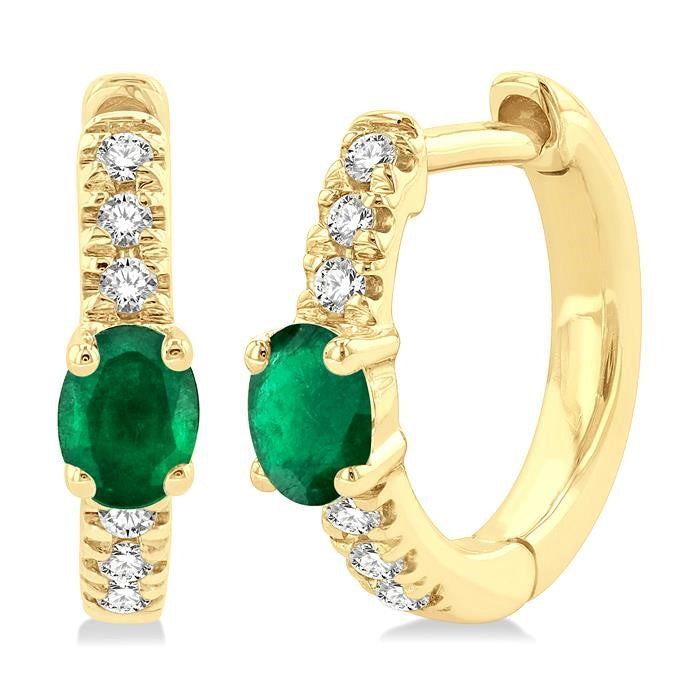 4X3 MM Oval Cut Emerald and 1/10 Ctw Petite Round Cut Diamond Fashion Huggies in 10K Yellow Gold
