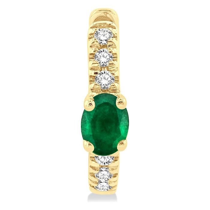 4X3 MM Oval Cut Emerald and 1/10 Ctw Petite Round Cut Diamond Fashion Huggies in 10K Yellow Gold