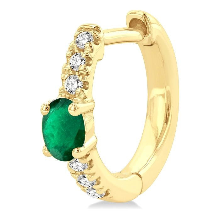 4X3 MM Oval Cut Emerald and 1/10 Ctw Petite Round Cut Diamond Fashion Huggies in 10K Yellow Gold