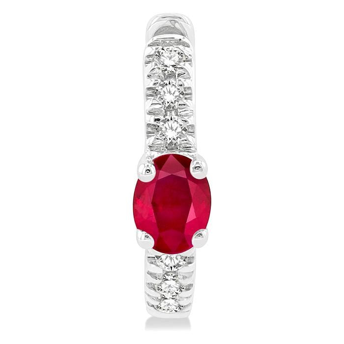 4X3 MM Oval Cut Ruby and 1/10 Ctw Petite Round Cut Diamond Fashion Huggies in 10K White Gold