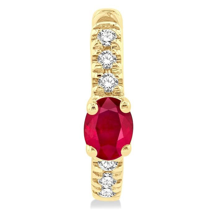4X3 MM Petite Oval Cut Ruby and 1/10 Ctw Round Cut Diamond Fashion Huggies in 10K Yellow Gold