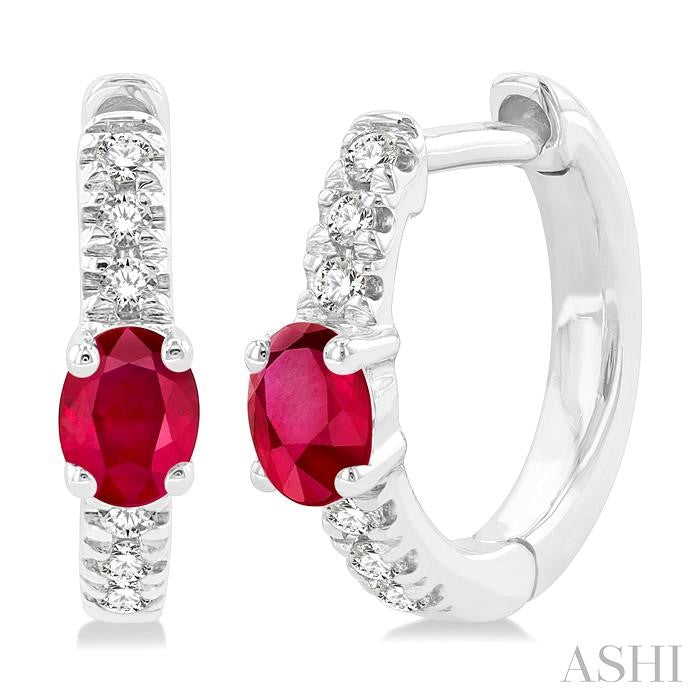 4X3 MM Oval Cut Ruby and 1/10 Ctw Petite Round Cut Diamond Fashion Huggies in 10K White Gold