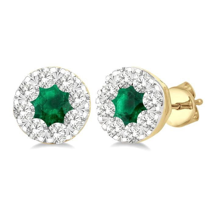 3.3 MM Emerald and 1/2 Ctw Round Cut Diamond Shine Bright Precious Stud Earrings in 14K Yellow & White Gold