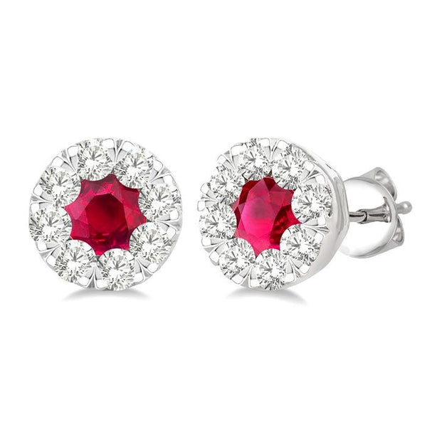 3.3 MM Ruby and 1/2 Ctw Round Cut Diamond Shine Bright Precious Stud Earrings in 14K White Gold
