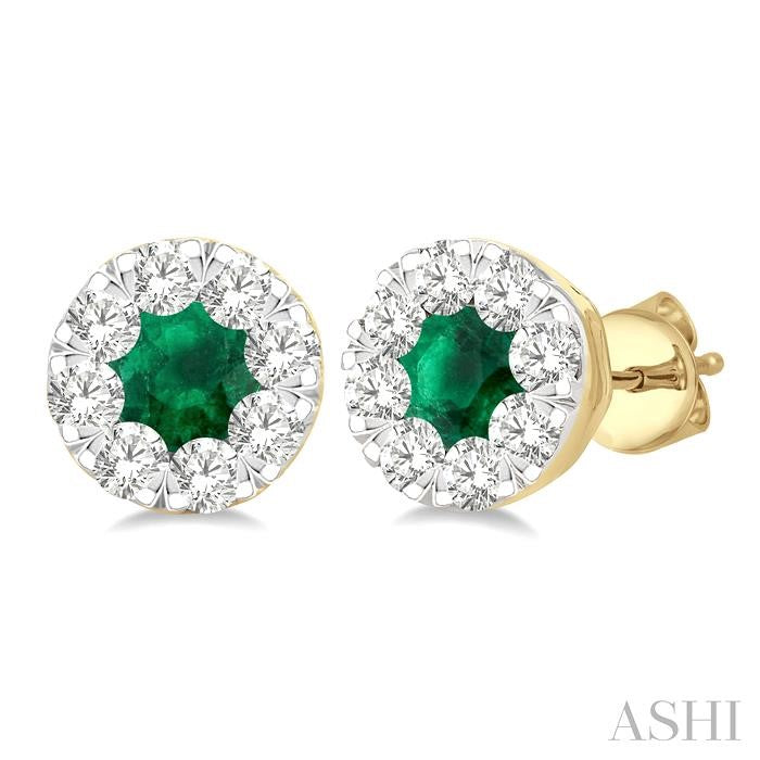 3.3 MM Emerald and 1/2 Ctw Round Cut Diamond Shine Bright Precious Stud Earrings in 14K Yellow & White Gold