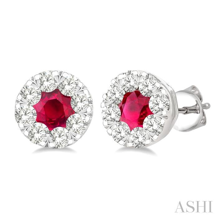 3.3 MM Ruby and 1/2 Ctw Round Cut Diamond Shine Bright Precious Stud Earrings in 14K White Gold