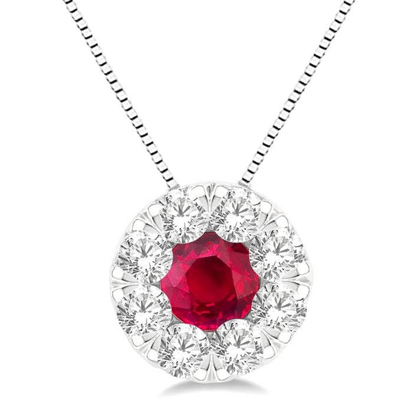3.8 MM Ruby and 1/3 Ctw Round Cut Shine Bright Diamond Precious Pendant With Chain in 14K White Gold
