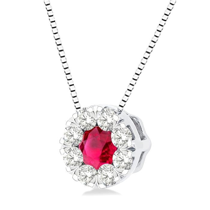3.8 MM Ruby and 1/3 Ctw Round Cut Shine Bright Diamond Precious Pendant With Chain in 14K White Gold