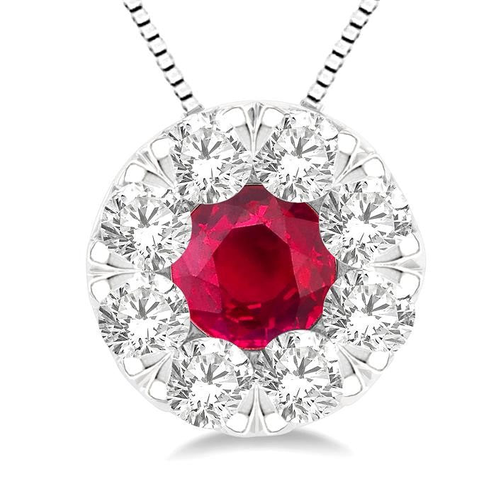 3.8 MM Ruby and 1/3 Ctw Round Cut Shine Bright Diamond Precious Pendant With Chain in 14K White Gold